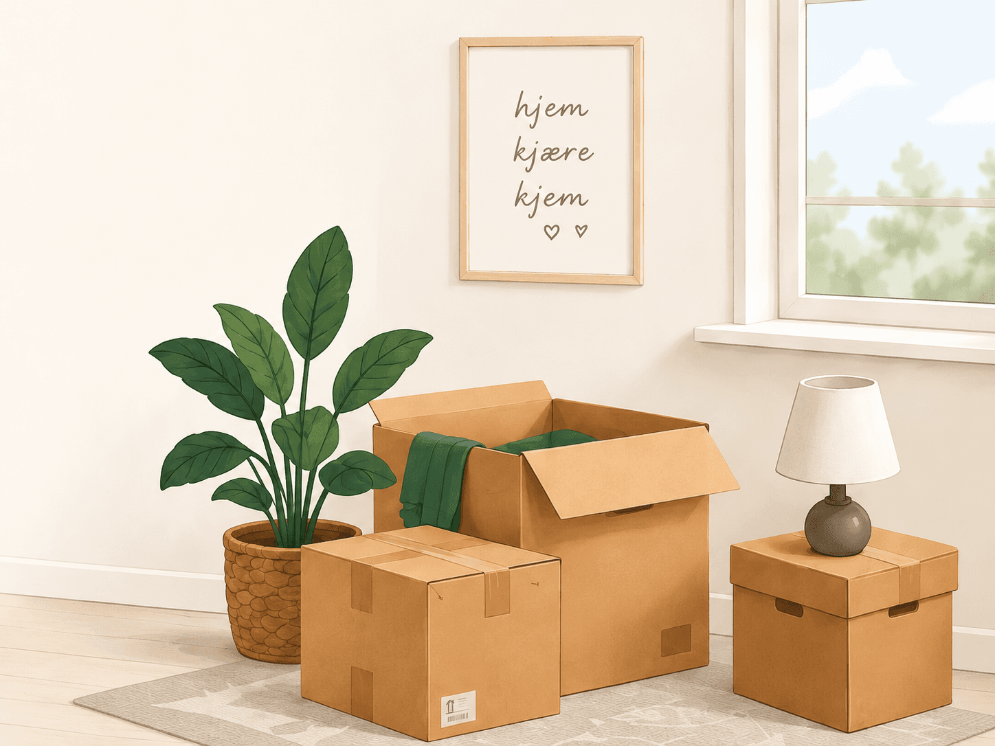Lys leilighet med flyttekasser, plante og en lampe – klar for en ny start